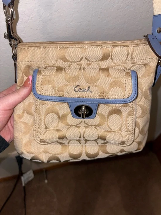 Coach Tan Signature Canvas Crossbody with Blue Trim - Picture 3 of 4